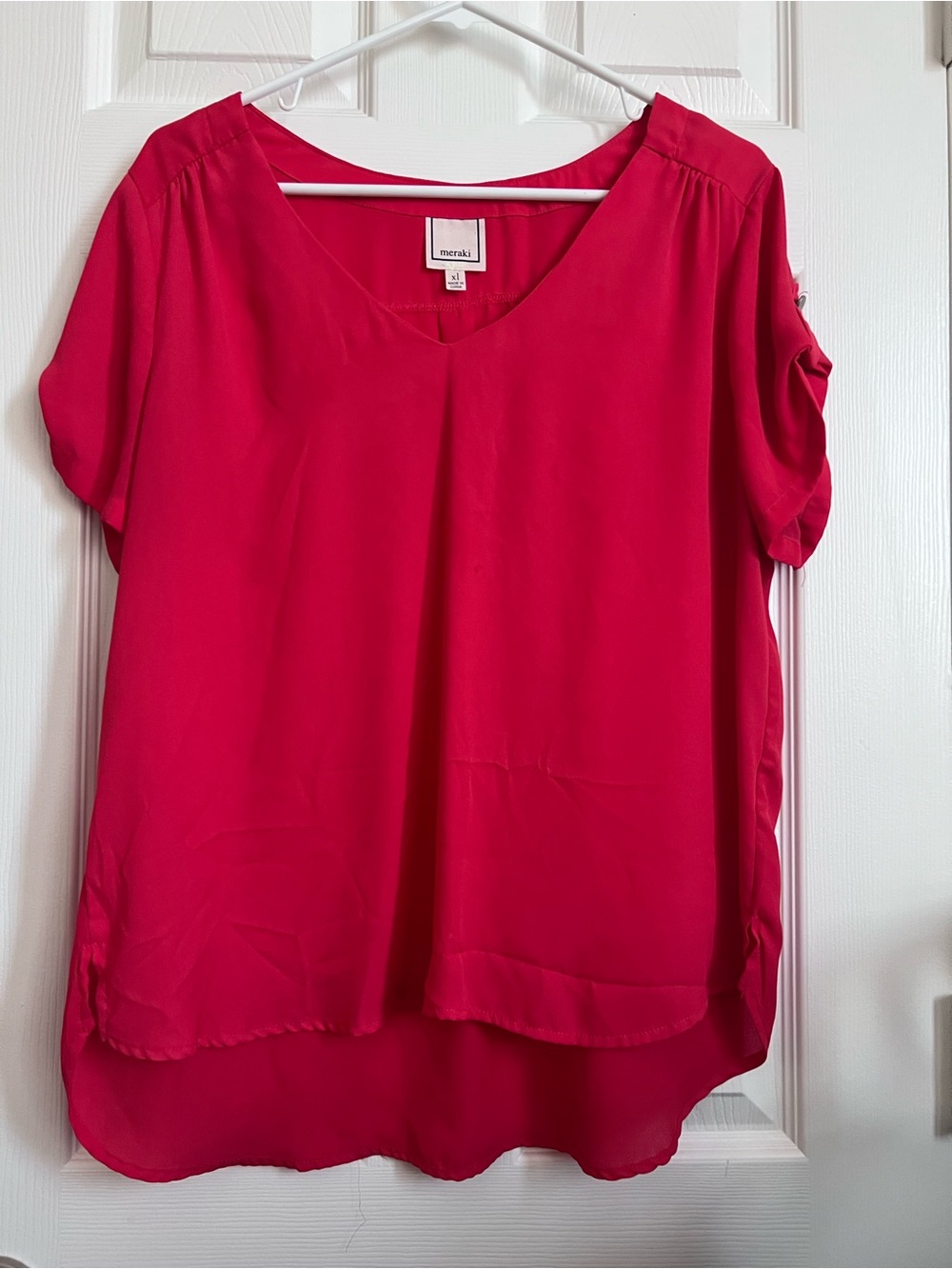 meraki Women's V-Neck Short Sleeve Blouse in Bright Pink